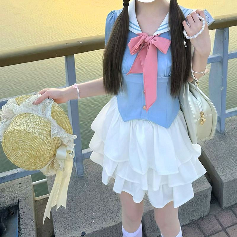 Navy Blue JK Uniform Sailor Suit with Pink Short Sleeve Top & Skirt Set - Women's College Style Pudding Bear Inspired Fashion Navy Blue JK Uniform Sailor Suit with Pink Short Sleeve Top & Skirt Set - Women's College Style Pudding Bear Inspired Fashion