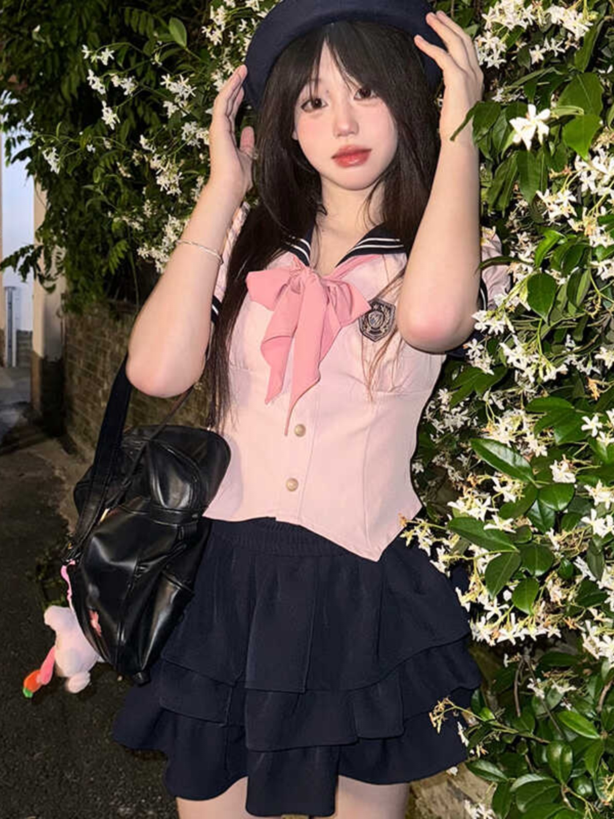 Navy Blue JK Uniform Sailor Suit with Pink Short Sleeve Top & Skirt Set - Women's College Style Pudding Bear Inspired Fashion Navy Blue JK Uniform Sailor Suit with Pink Short Sleeve Top & Skirt Set - Women's College Style Pudding Bear Inspired Fashion