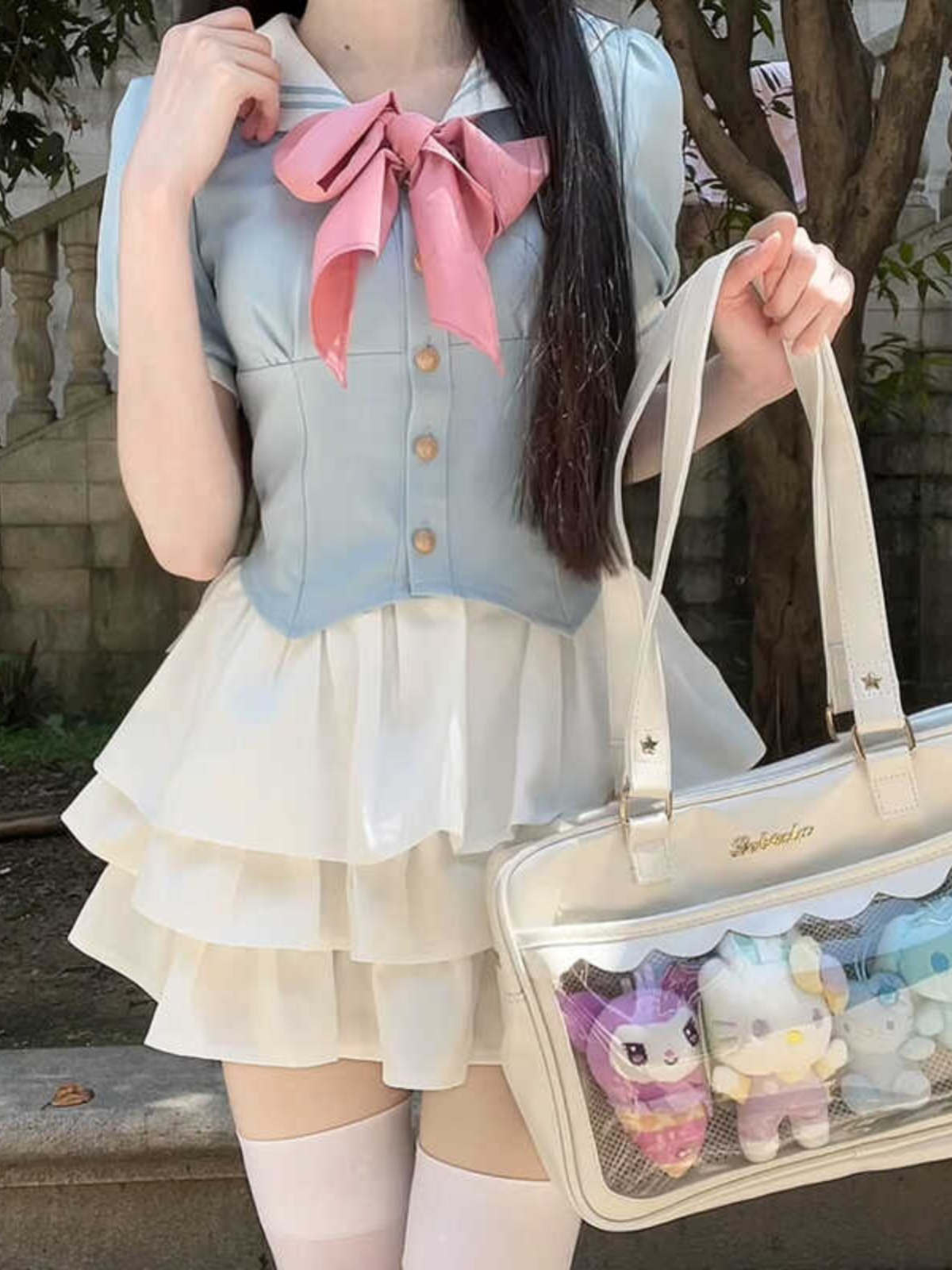 Navy Blue JK Uniform Sailor Suit with Pink Short Sleeve Top & Skirt Set - Women's College Style Pudding Bear Inspired Fashion Navy Blue JK Uniform Sailor Suit with Pink Short Sleeve Top & Skirt Set - Women's College Style Pudding Bear Inspired Fashion