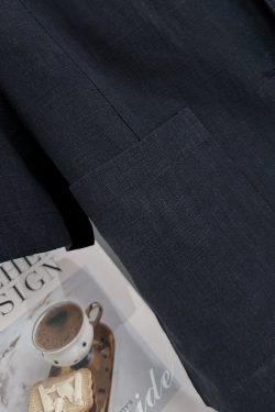 Navy Blue Minimalist Linen Short Sleeve Coat for Women - Vintage Light Luxury Summer 2025 Fashion Top