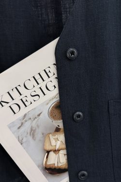 Navy Blue Minimalist Linen Short Sleeve Coat for Women - Vintage Light Luxury Summer 2025 Fashion Top