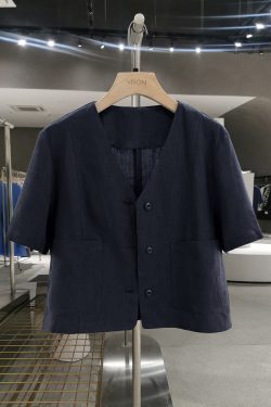 Navy Blue Minimalist Linen Short Sleeve Coat for Women - Vintage Light Luxury Summer 2025 Fashion Top