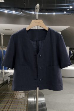 Navy Blue Minimalist Linen Short Sleeve Coat for Women - Vintage Light Luxury Summer 2025 Fashion Top