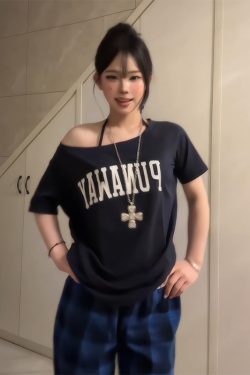 Navy Blue Off-Shoulder T-Shirt for Women, American Retro Summer Letter Print, Sexy Short Sleeves, Loose Slimming Style