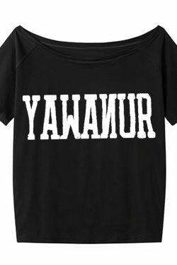 Navy Blue Off-Shoulder T-Shirt for Women, American Retro Summer Letter Print, Sexy Short Sleeves, Loose Slimming Style