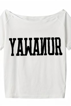 Navy Blue Off-Shoulder T-Shirt for Women, American Retro Summer Letter Print, Sexy Short Sleeves, Loose Slimming Style