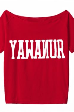 Navy Blue Off-Shoulder T-Shirt for Women, American Retro Summer Letter Print, Sexy Short Sleeves, Loose Slimming Style