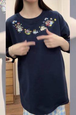 Navy Blue Oversized Crayon Shin-chan Short Sleeve T-Shirt for Women, Cute Cartoon Summer Top, Trendy Y2K Style