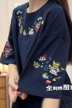 Navy Blue Oversized Crayon Shin-chan Short Sleeve T-Shirt for Women, Cute Cartoon Summer Top, Trendy Y2K Style