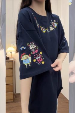 Navy Blue Oversized Crayon Shin-chan Short Sleeve T-Shirt for Women, Cute Cartoon Summer Top, Trendy Y2K Style