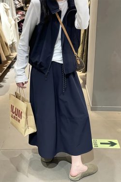 Navy Blue Plus Size A-Line Long Skirt for Women - Slimming, Tummy-Covering Summer Style, 2025 Trendy Fashion