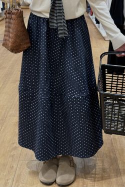 Navy Blue Polka Dot Plus Size Midi Skirt for Women - Flattering A-Line Patchwork Design, Summer 2025, Perfect for Curvy Figures