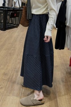 Navy Blue Polka Dot Plus Size Midi Skirt for Women - Flattering A-Line Patchwork Design, Summer 2025, Perfect for Curvy Figures