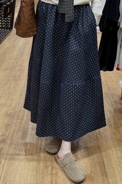 Navy Blue Polka Dot Plus Size Midi Skirt for Women - Flattering A-Line Patchwork Design, Summer 2025, Perfect for Curvy Figures