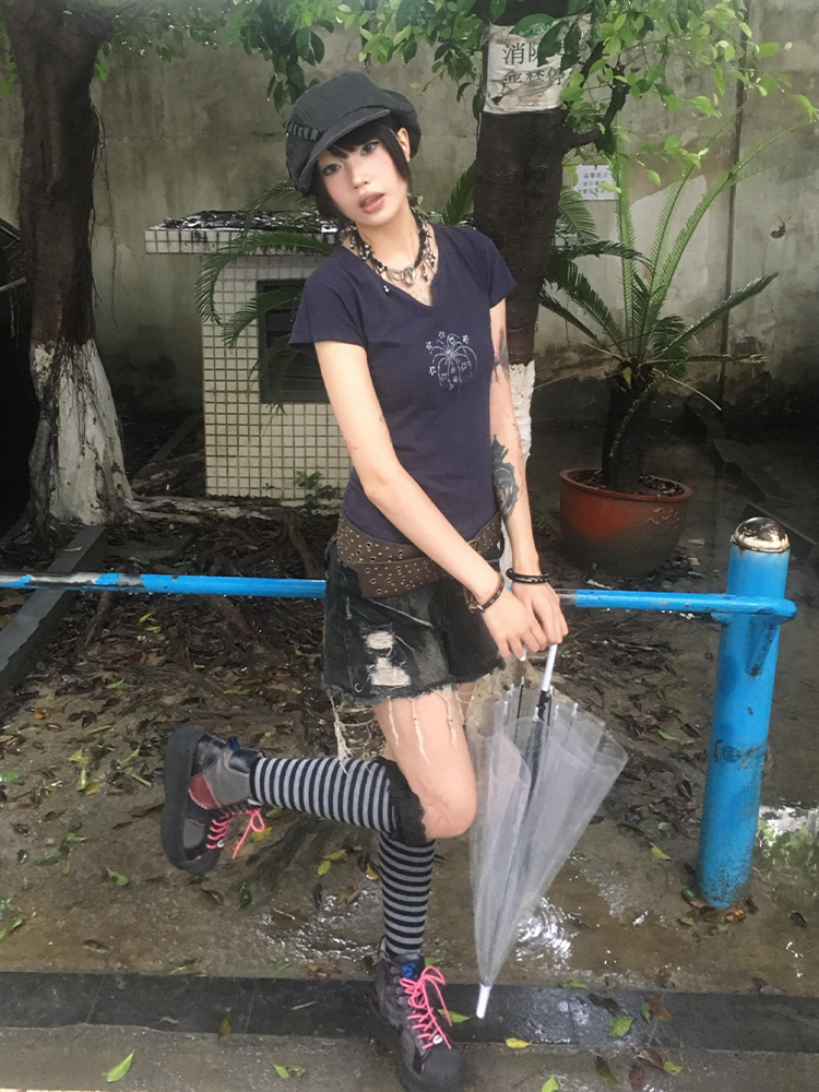 Navy Blue Short Sleeve V-Neck Rhinestone Spicy Girl Top with Ruffled Edges - Fitted Summer Style Navy Blue Short Sleeve V-Neck Rhinestone Spicy Girl Top with Ruffled Edges - Fitted Summer Style