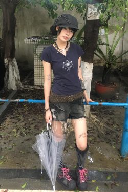 Navy Blue Short Sleeve V-Neck Rhinestone Spicy Girl Top with Ruffled Edges - Fitted Summer Style