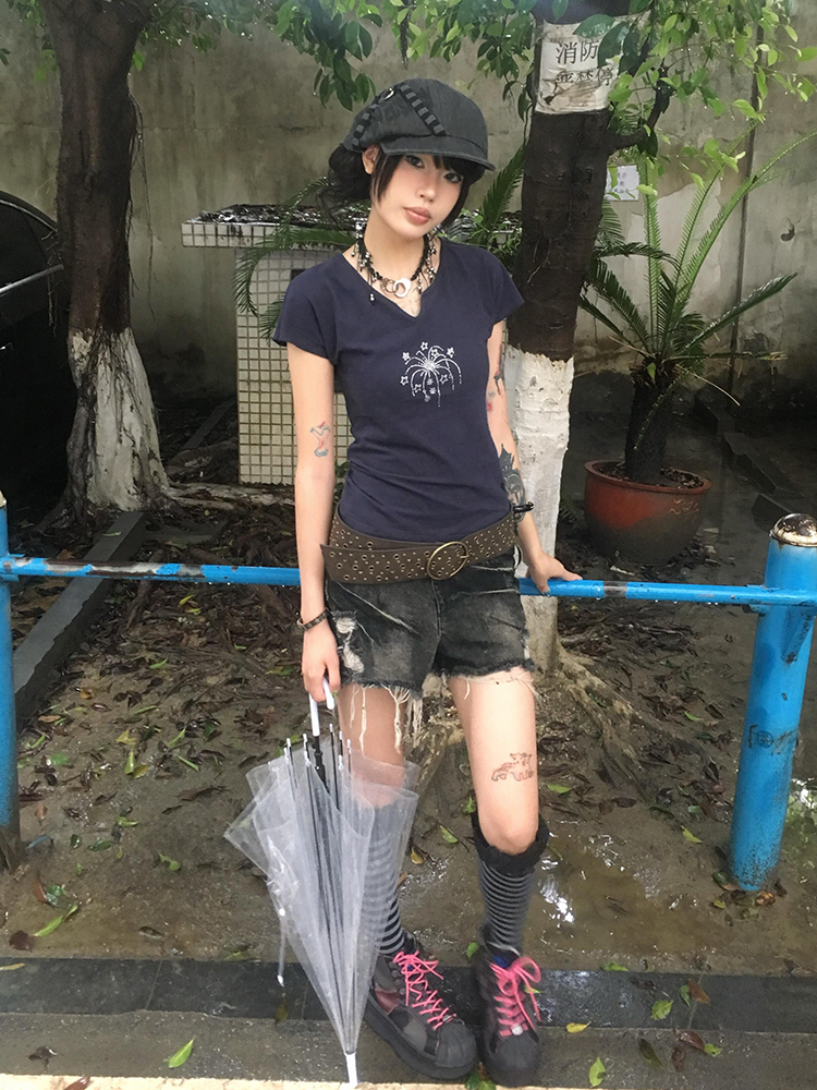 Navy Blue Short Sleeve V-Neck Rhinestone Spicy Girl Top with Ruffled Edges - Fitted Summer Style Navy Blue Short Sleeve V-Neck Rhinestone Spicy Girl Top with Ruffled Edges - Fitted Summer Style