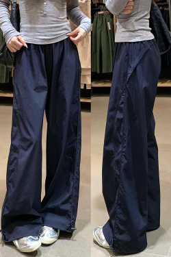 Navy Blue Wide-Leg Straight-Leg Work Pants for Women - Retro Casual Summer Sports Trousers