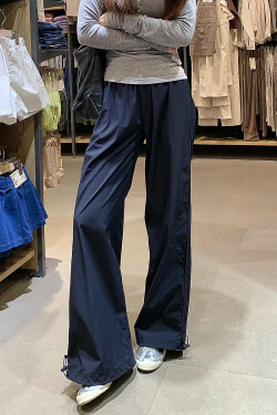 Navy Blue Wide-Leg Straight-Leg Work Pants for Women - Retro Casual Summer Sports Trousers