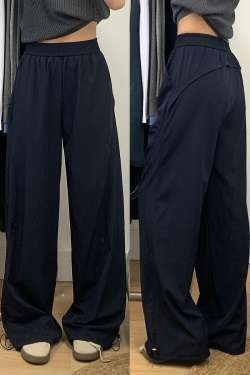 Navy Blue Women's Wide-Leg Casual Pants - Versatile Summer Loose Draping Trousers for Work & Hip-Hop Style