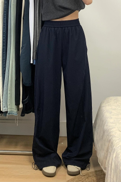 Navy Blue Women's Wide-Leg Casual Pants - Versatile Summer Loose Draping Trousers for Work & Hip-Hop Style