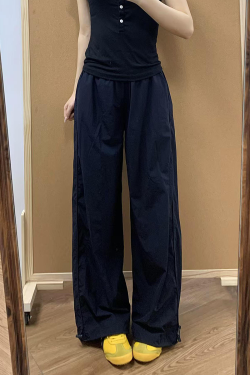Navy Blue Women's Wide-Leg Work Pants - Loose Fit, Versatile Casual Trousers for Summer 2025, Slimming Straight-Leg Sports Style
