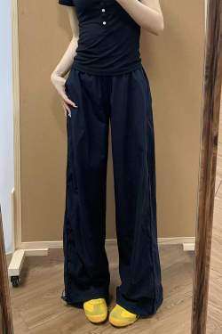Navy Blue Women's Wide-Leg Work Pants - Loose Fit, Versatile Casual Trousers for Summer 2025, Slimming Straight-Leg Sports Style