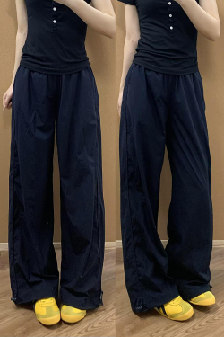 Navy Blue Women's Wide-Leg Work Pants - Loose Fit, Versatile Casual Trousers for Summer 2025, Slimming Straight-Leg Sports Style