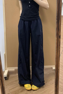 Navy Blue Women's Wide-Leg Work Pants - Loose Fit, Versatile Casual Trousers for Summer 2025, Slimming Straight-Leg Sports Style