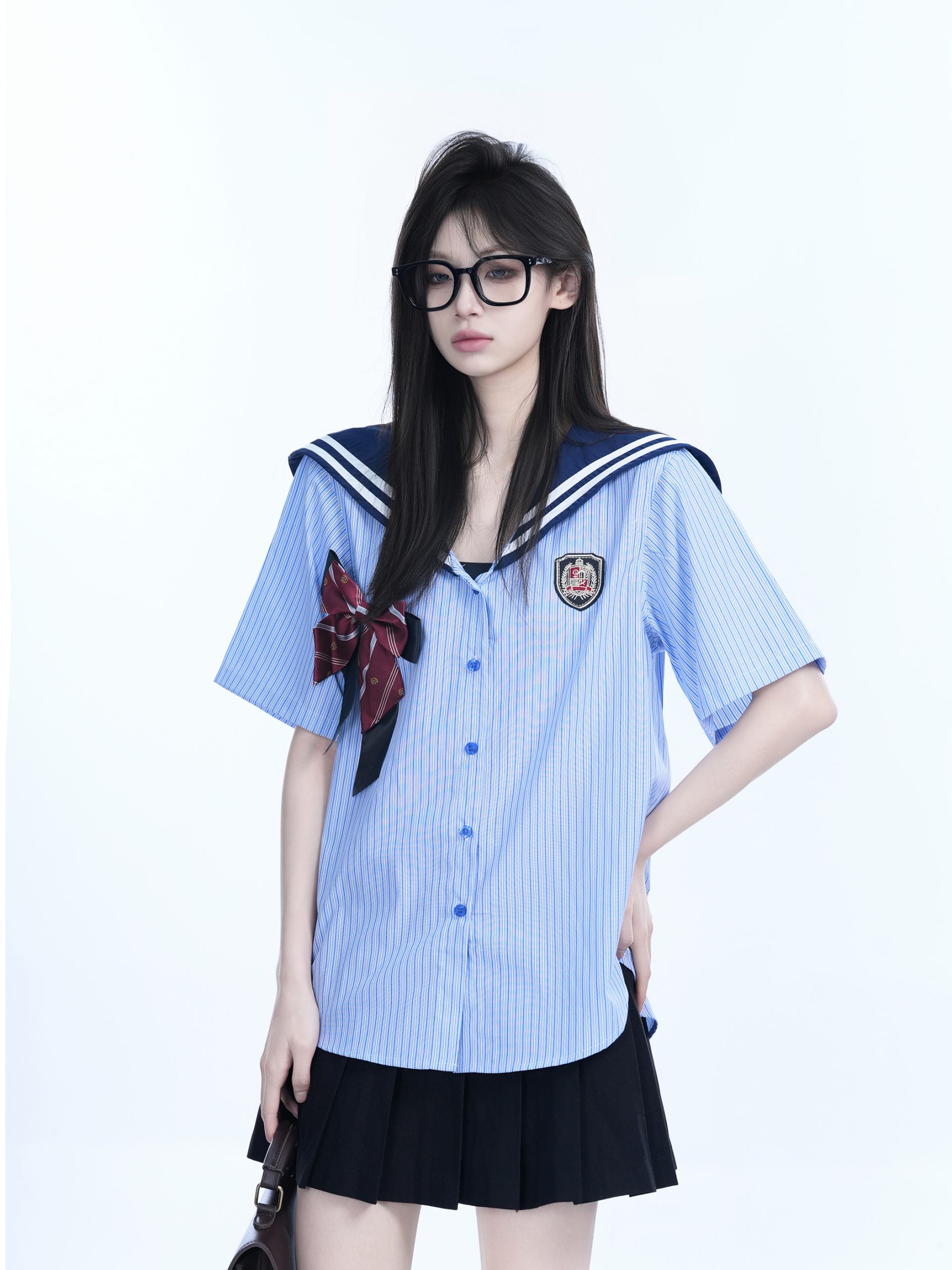 Navy Collar Bow Short-Sleeve Blouse for Women - Trendy Loose College Style Top with Unique Design Navy Collar Bow Short-Sleeve Blouse for Women - Trendy Loose College Style Top with Unique Design