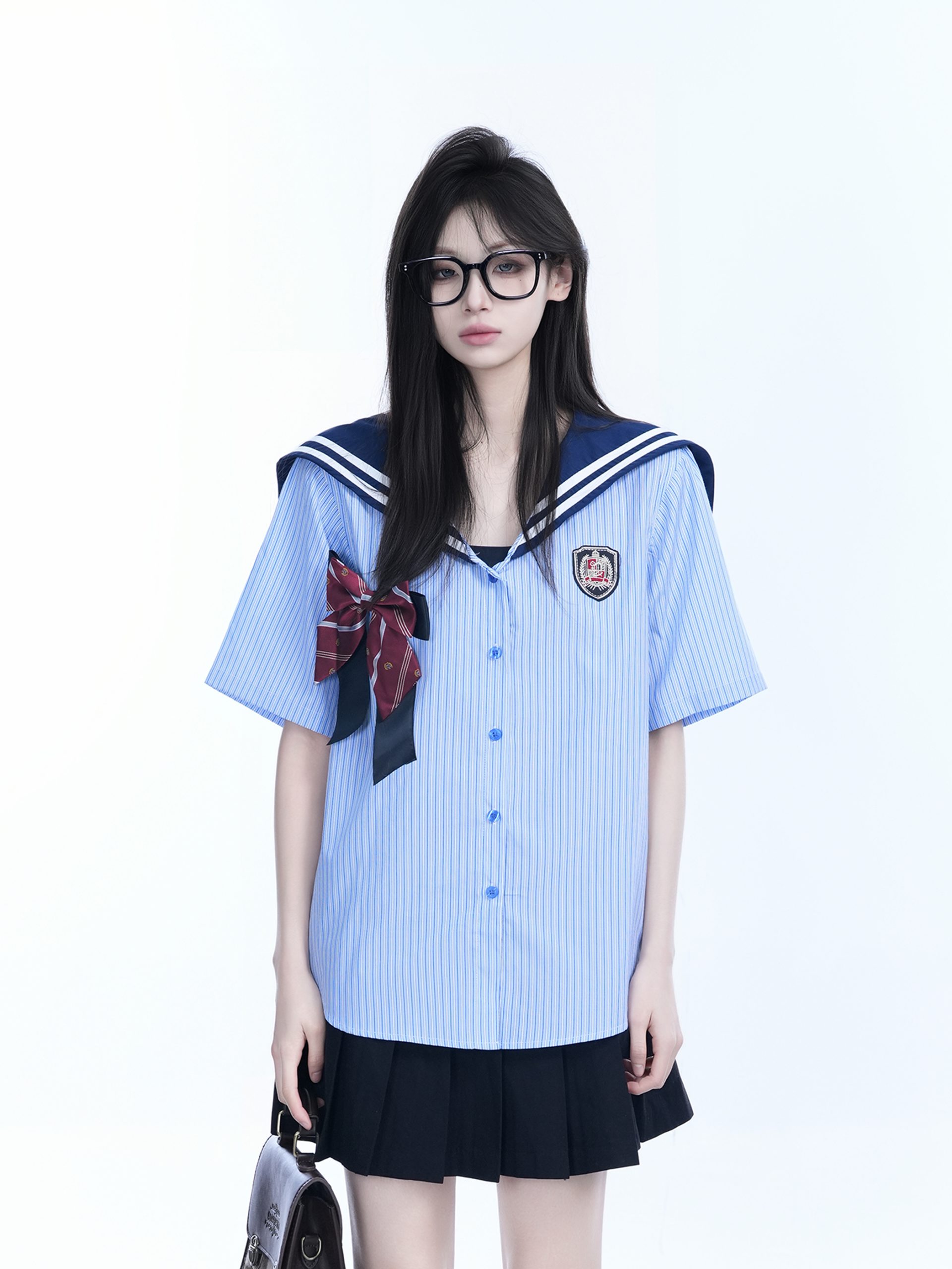 Navy Collar Bow Short-Sleeve Blouse for Women - Trendy Loose College Style Top with Unique Design Navy Collar Bow Short-Sleeve Blouse for Women - Trendy Loose College Style Top with Unique Design