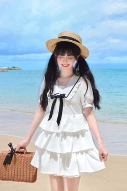 Navy Collar Bowknot College Style Mid-Length Dress with Pudding Bear Print and Cake Skirt – Vintage-Inspired Fashion for Y2K Lovers