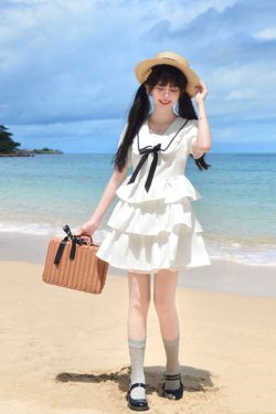 Navy Collar Bowknot College Style Mid-Length Dress with Pudding Bear Print and Cake Skirt – Vintage-Inspired Fashion for Y2K Lovers