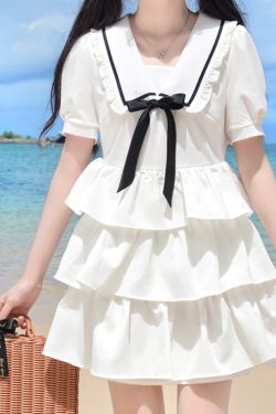 Navy Collar Bowknot College Style Mid-Length Dress with Pudding Bear Print and Cake Skirt – Vintage-Inspired Fashion for Y2K Lovers