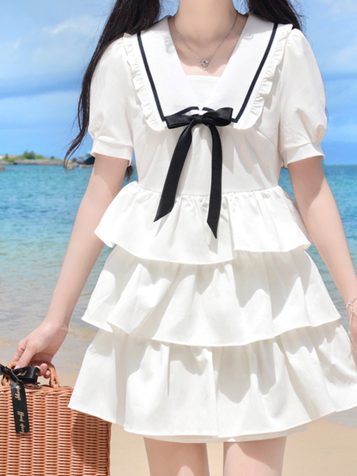 Navy Collar Bowknot College Style Mid-Length Dress with Pudding Bear Print and Cake Skirt – Vintage-Inspired Fashion for Y2K Lovers Navy Collar Bowknot College Style Mid-Length Dress with Pudding Bear Print and Cake Skirt – Vintage-Inspired Fashion for Y2K Lovers