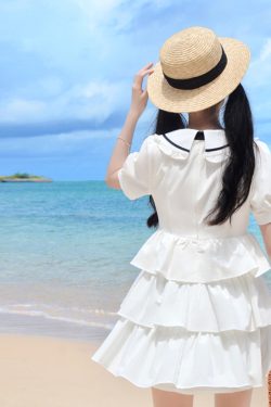 Navy Collar Bowknot College Style Mid-Length Dress with Pudding Bear Print and Cake Skirt – Vintage-Inspired Fashion for Y2K Lovers