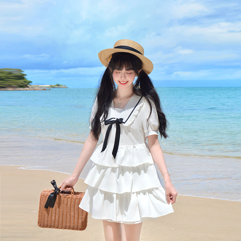 Navy Collar Bowknot College Style Mid-Length Dress with Pudding Bear Print and Cake Skirt – Vintage-Inspired Fashion for Y2K Lovers Navy Collar Bowknot College Style Mid-Length Dress with Pudding Bear Print and Cake Skirt – Vintage-Inspired Fashion for Y2K Lovers