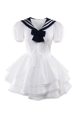 Navy Collar Bubble Sleeve Waist-Cinching Dress for Women - Summer JK Style Slim-Fit Puff Skirt