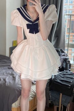 Navy Collar Bubble Sleeve Waist-Cinching Dress for Women - Summer JK Style Slim-Fit Puff Skirt