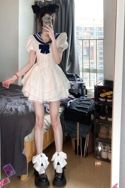 Navy Collar Bubble Sleeve Waist-Cinching Dress for Women - Summer JK Style Slim-Fit Puff Skirt