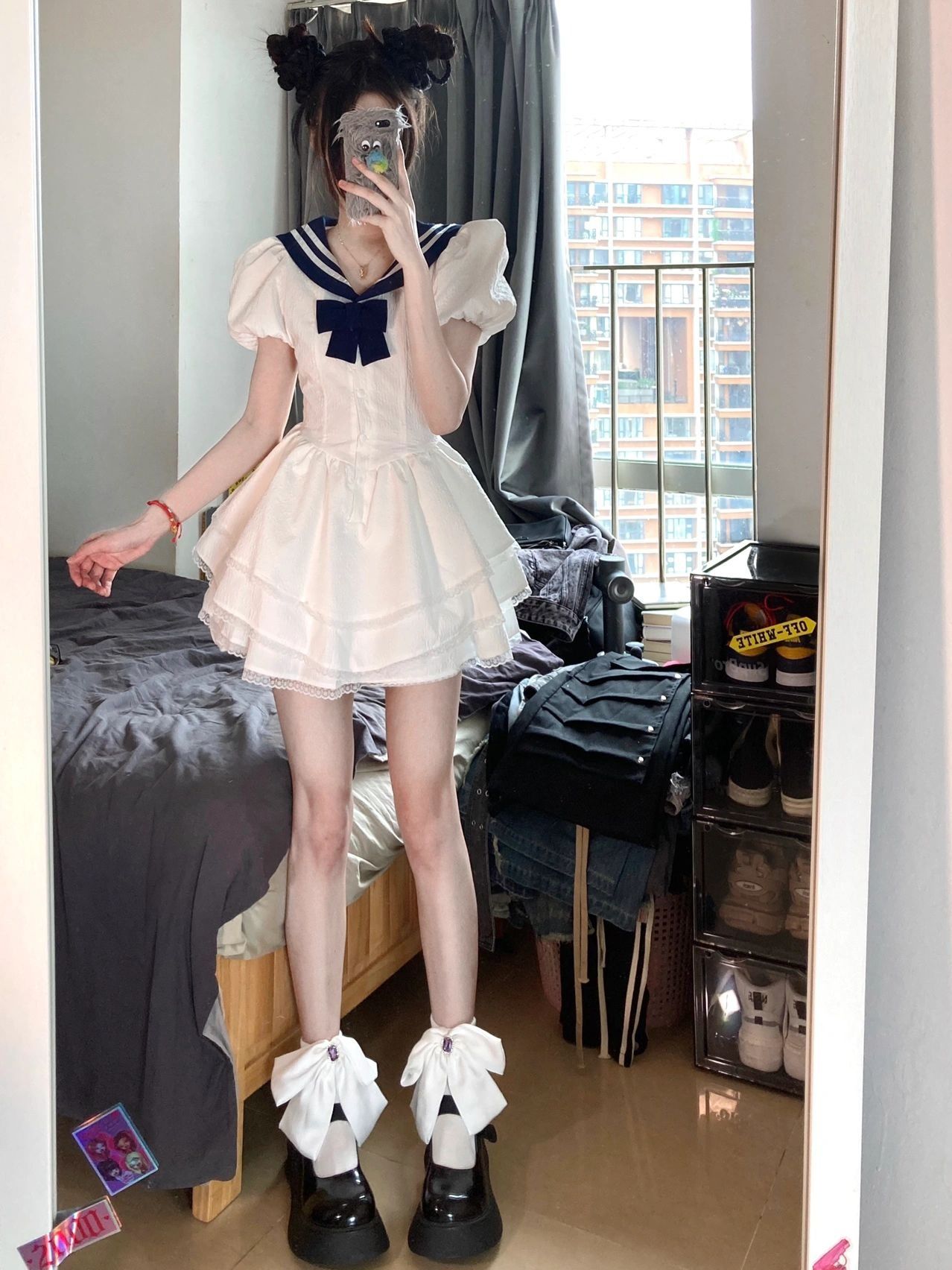 Navy Collar Bubble Sleeve Waist-Cinching Dress for Women - Summer JK Style Slim-Fit Puff Skirt Navy Collar Bubble Sleeve Waist-Cinching Dress for Women - Summer JK Style Slim-Fit Puff Skirt