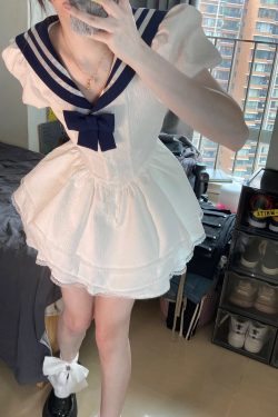 Navy Collar Bubble Sleeve Waist-Cinching Dress for Women - Summer JK Style Slim-Fit Puff Skirt