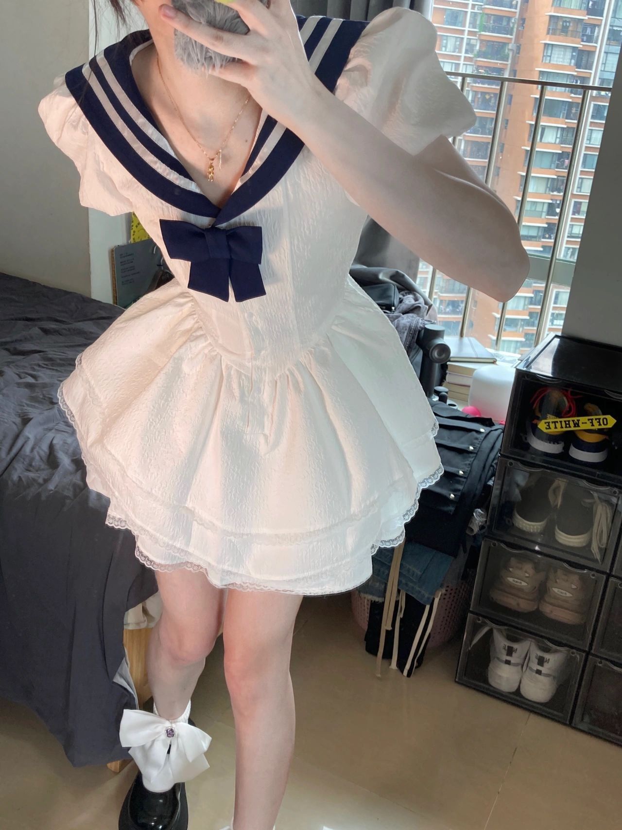 Navy Collar Bubble Sleeve Waist-Cinching Dress for Women - Summer JK Style Slim-Fit Puff Skirt Navy Collar Bubble Sleeve Waist-Cinching Dress for Women - Summer JK Style Slim-Fit Puff Skirt