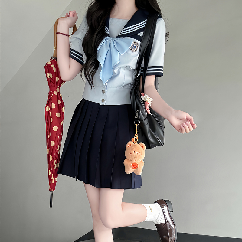 Navy Collar Japanese JK Uniform Sailor Suit Set with Waist-Defined Design - College Style Pudding Bear Aesthetic Navy Collar Japanese JK Uniform Sailor Suit Set with Waist-Defined Design - College Style Pudding Bear Aesthetic