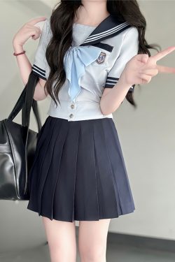 Navy Collar Japanese JK Uniform Sailor Suit Set with Waist-Defined Design - College Style Pudding Bear Aesthetic