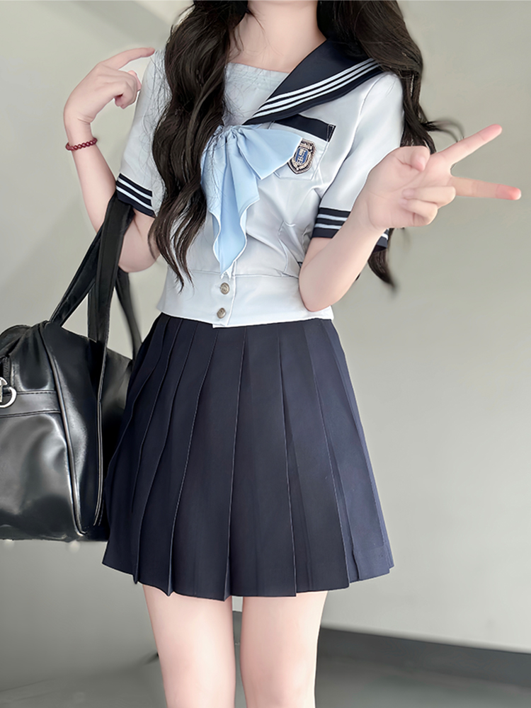 Navy Collar Japanese JK Uniform Sailor Suit Set with Waist-Defined Design - College Style Pudding Bear Aesthetic Navy Collar Japanese JK Uniform Sailor Suit Set with Waist-Defined Design - College Style Pudding Bear Aesthetic