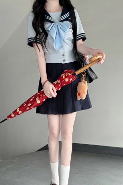 Navy Collar Japanese JK Uniform Sailor Suit Set with Waist-Defined Design - College Style Pudding Bear Aesthetic