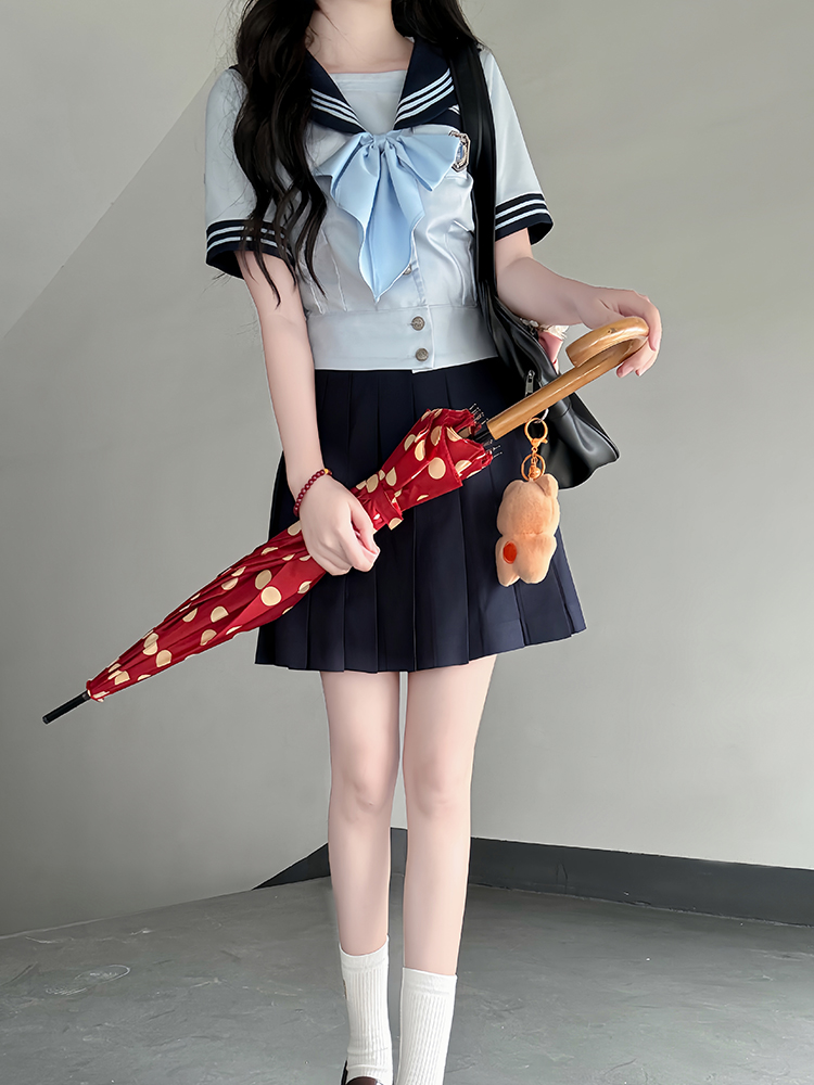 Navy Collar Japanese JK Uniform Sailor Suit Set with Waist-Defined Design - College Style Pudding Bear Aesthetic Navy Collar Japanese JK Uniform Sailor Suit Set with Waist-Defined Design - College Style Pudding Bear Aesthetic