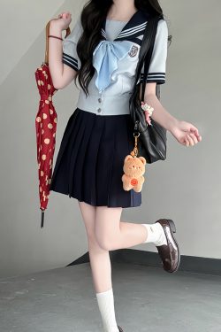 Navy Collar Japanese JK Uniform Sailor Suit Set with Waist-Defined Design - College Style Pudding Bear Aesthetic
