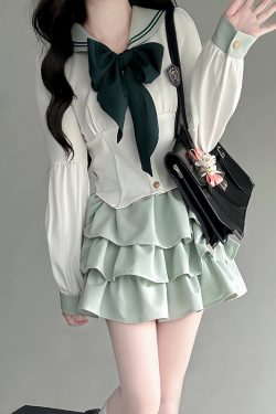 Navy Collar JK Uniform Cake Skirt with Long Sleeve Top, College Style Japanese Sailor Suit, Slimming Outfit for Women